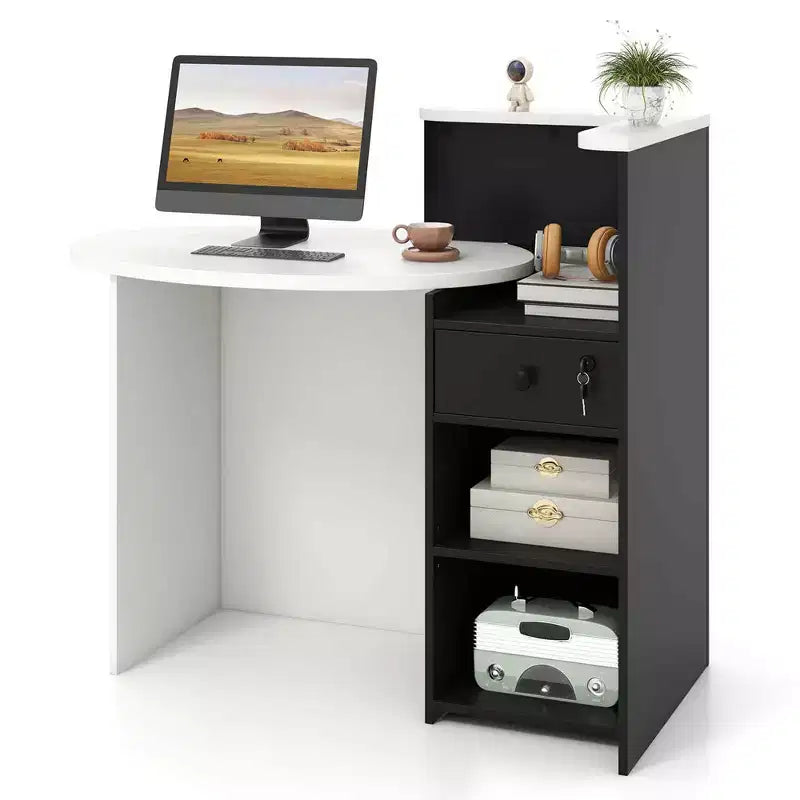 Costway Front Reception Counter Desk Checkout Office Desk with Open Shelf & Lockable Drawer White/Brown/Black