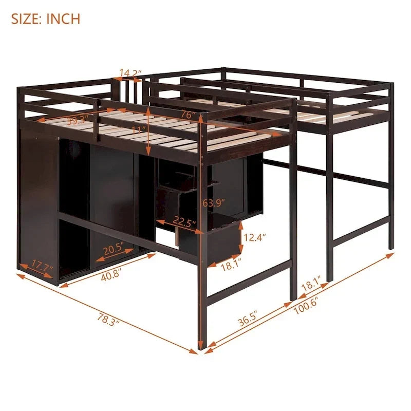 Lits mezzanine doubles jumeaux avec armoires et escalier