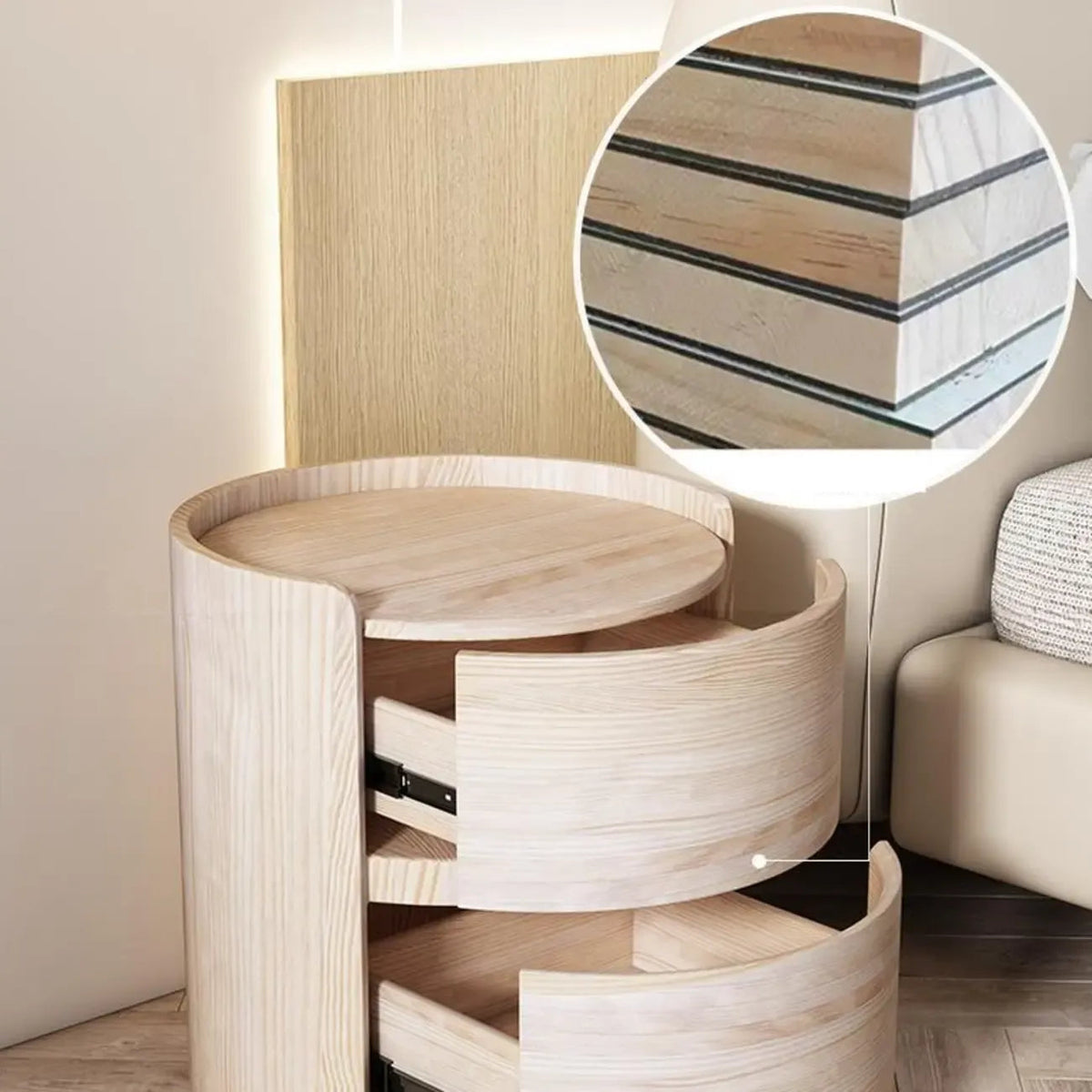 Comodino rotondo moderno con vassoio in pelle e 2 cassetti