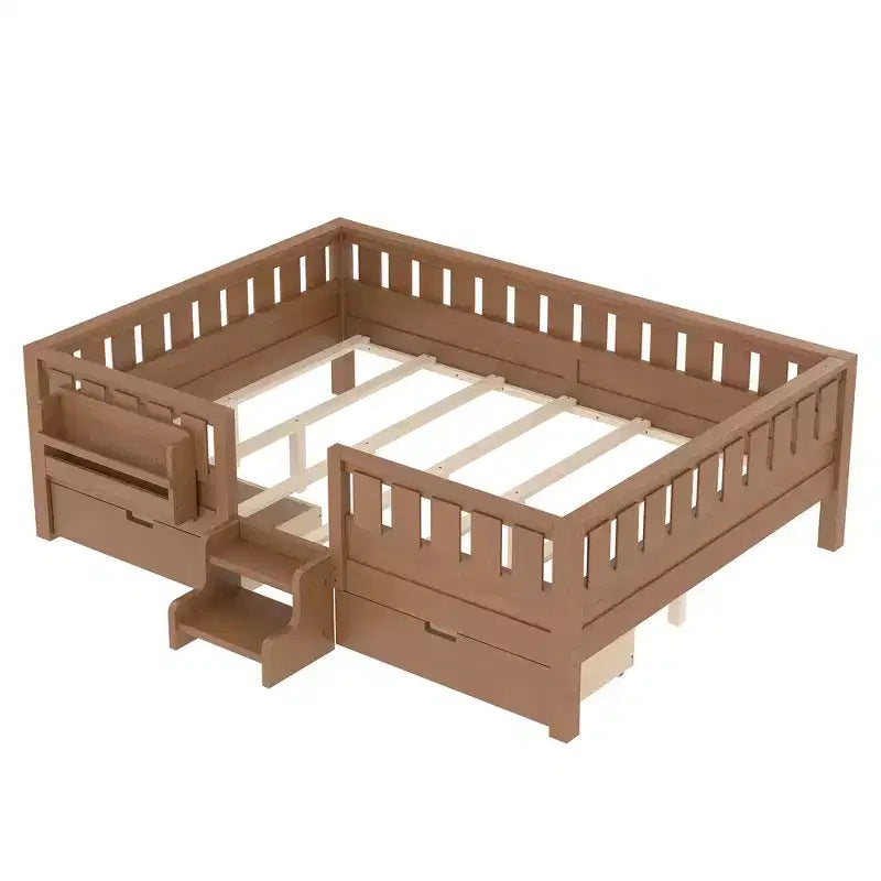 Lit pour enfant Bellemave format queen avec 14 barrières de sécurité, cadre de lit compact avec bibliothèque intégrée et 2 tiroirs de rangement sous le lit