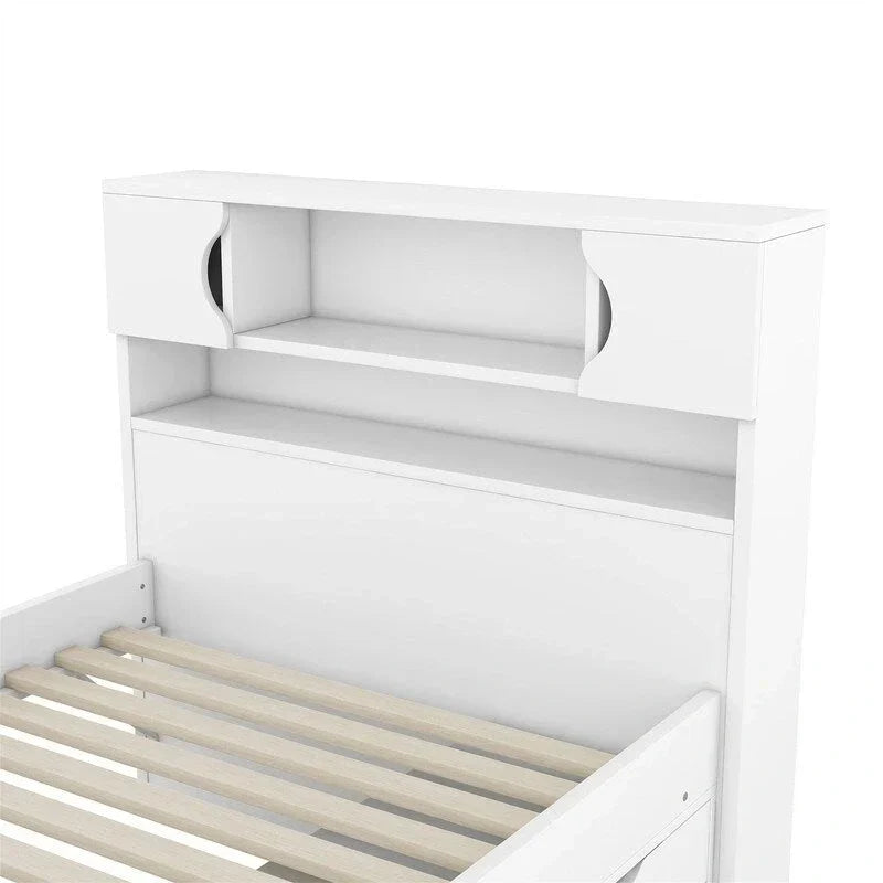 Letto a piattaforma Captain singolo/matrimoniale con 4 cassetti e ripiani contenitori, struttura in legno massello con testiera libreria contenitore