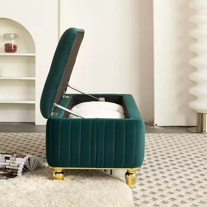 Okak Modern Luxury Flip Top Deep Button Ottoman Bench with Gold Decor & Metal Legs,Upholstered Storage Bench for Living Room,Bedroom
