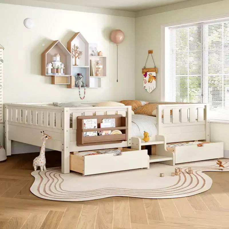 Bellemave Kinderbett in Queen-Size mit 14 Sicherheitsgittern, platzsparender Bettrahmen mit integrierten Bücherregalen und 2 Schubladen unter dem Bett