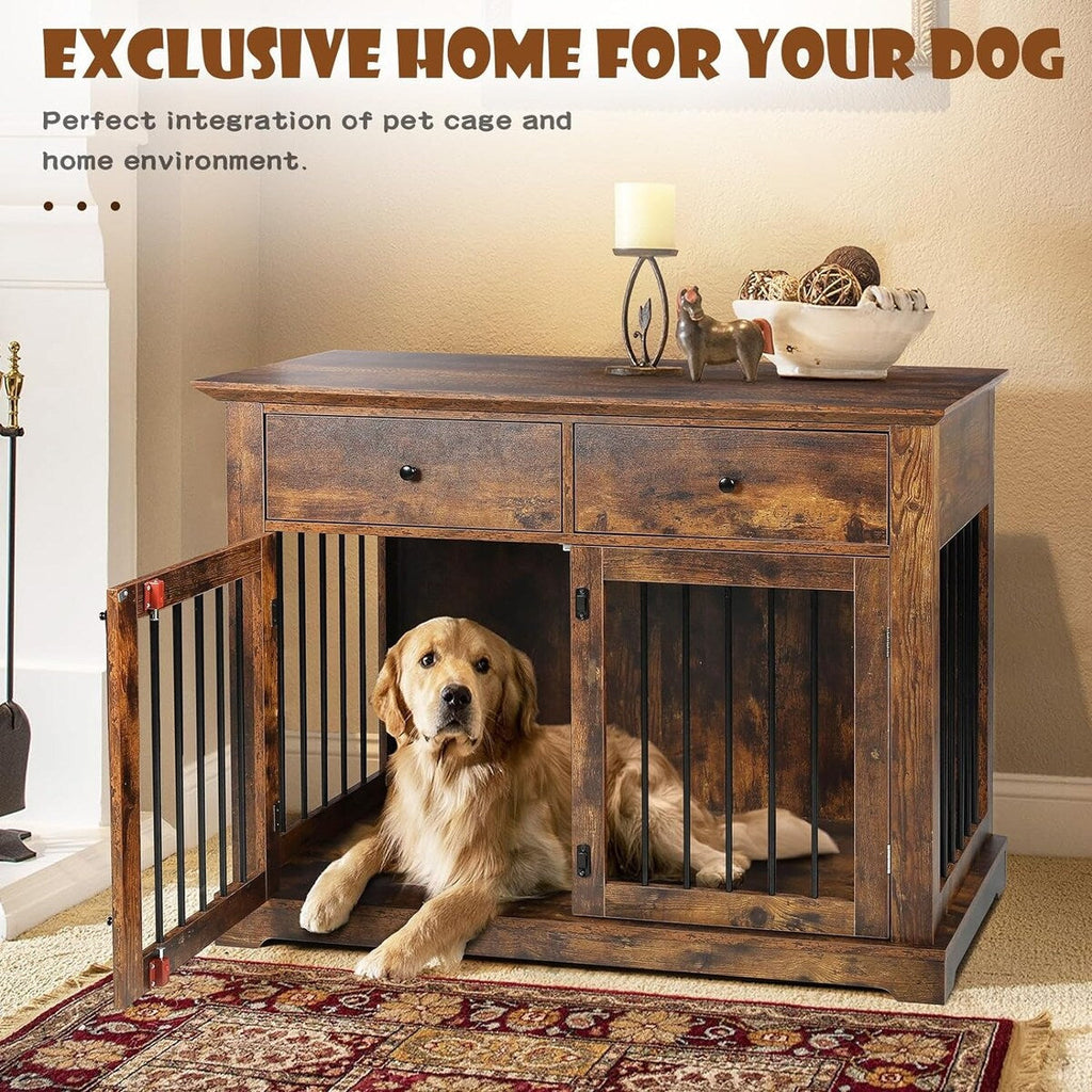 Cuccia per cani BOSSIN da 44 pollici, mobile in legno con tavolino laterale e cassetti contenitori, cuccia decorativa per animali domestici