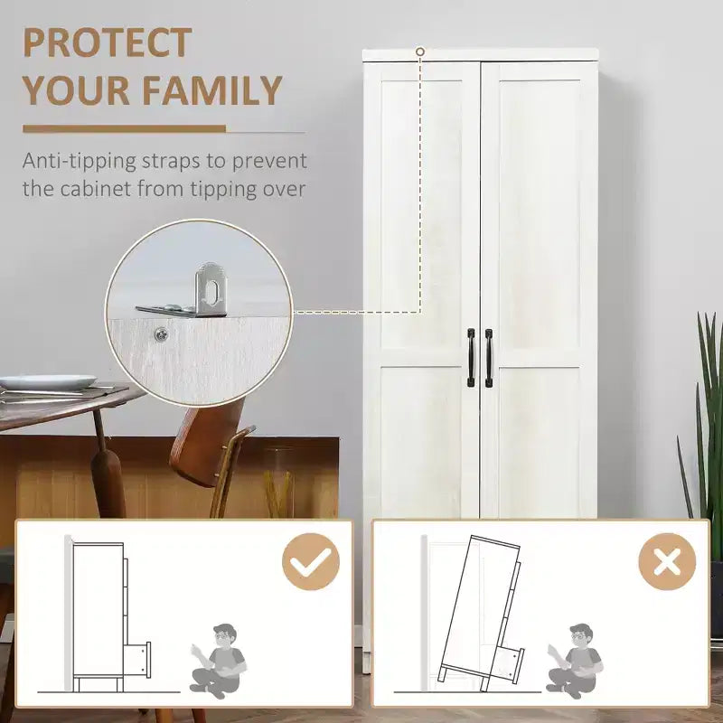 Garde-manger de cuisine à 2 portes de 63, armoire de rangement autonome avec 5 niveaux d’étagères et 2 étagères réglables pour la salle à manger