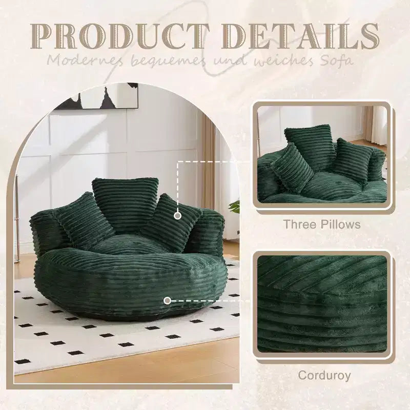 Sitzsacksofa für Erwachsene und Kinder, übergroßer Cord-Sitzsack mit 3 Kissen und Armlehnen für Wohnzimmer und Schlafzimmer - ModernLuxe