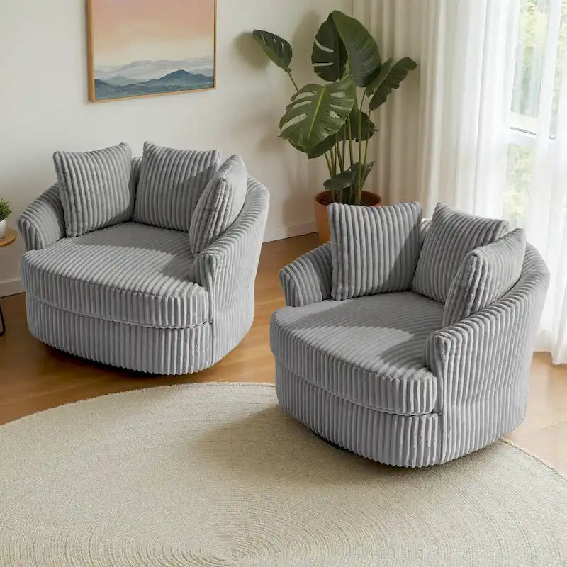 Set da 2 poltrone girevoli a botte oversize da 43 W in morbido velluto a coste con cuscini