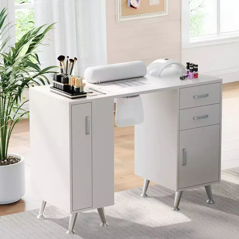 Table de manucure GustoWave de 42.5 in avec repose-poignets et aspirateur à poussière, bureau à ongles avec casier vertical coulissant, blanc