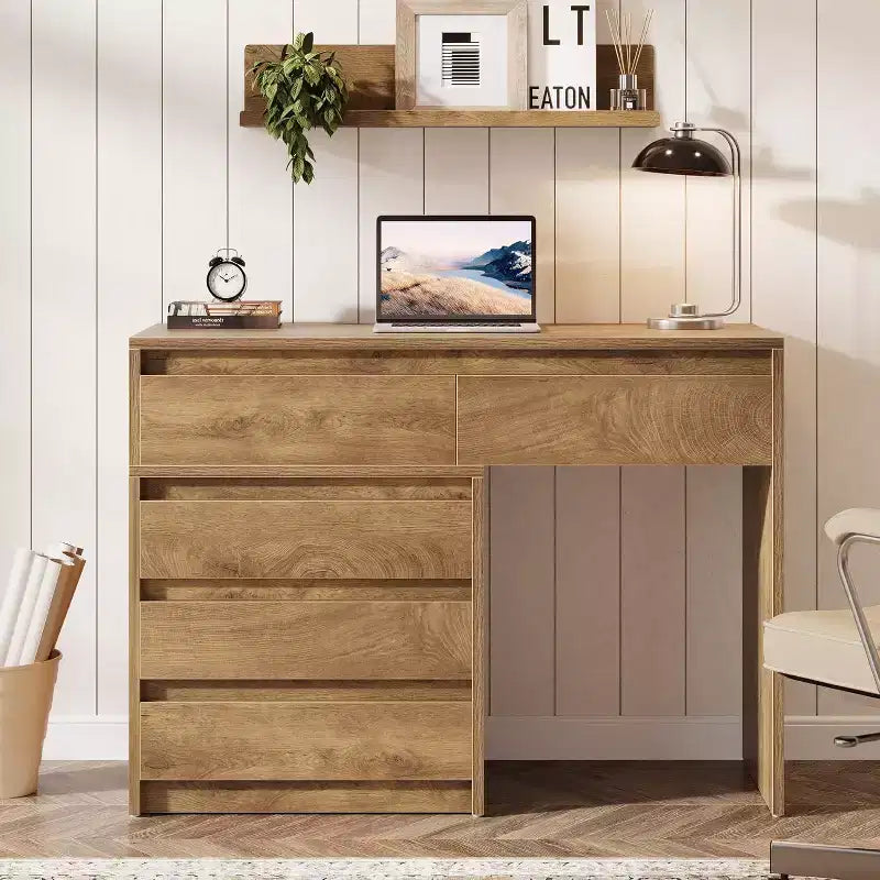 Scrivania per computer Lantine con 5 cassetti, scrivania direzionale in legno con schedario e supporto per stampante, per ufficio domestico e piccoli spazi
