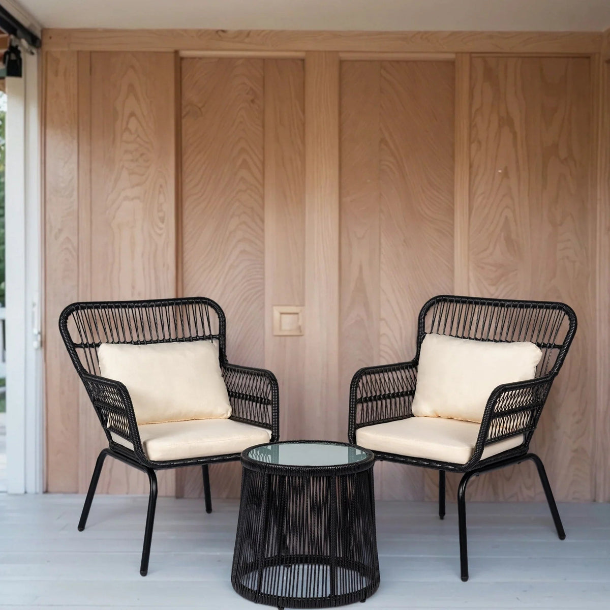 Ensemble bistro de jardin en osier de 3 pièces, ensemble de fauteuils de patio en rotin toutes saisons avec coussins