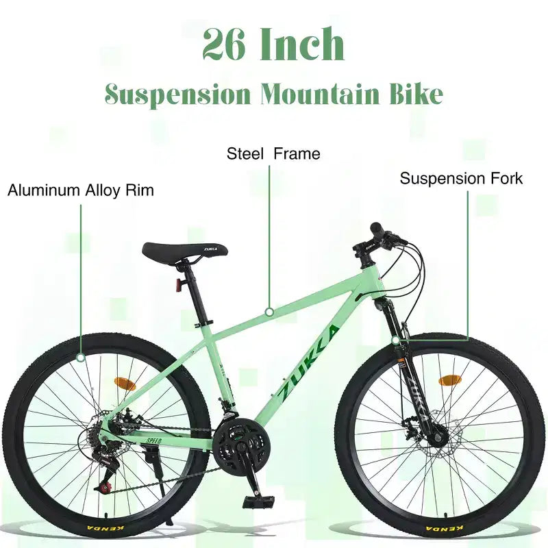 Whisen 26 geveerde mountainbike met derailleur achter met 8 versnellingen, voorvork, KENDA-banden en dubbele schijfremmen