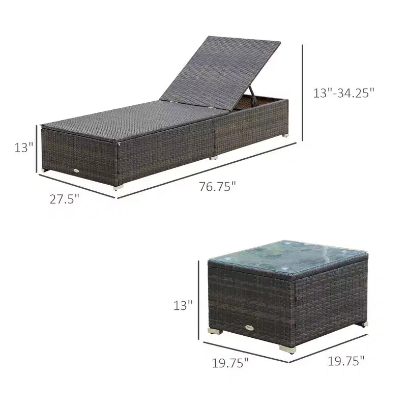 Set van 2 ligstoelen met rugleuning in 5 standen, buitensalontafel, waterafstotende kussens, ligstoelen van PE-rattan voor bij het zwembad