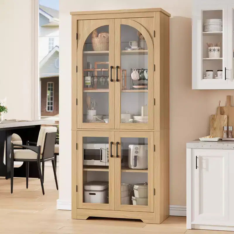 Dispensa da cucina alta 70, mobile espositivo moderno con 4 ante ad arco in vetro e ripiani regolabili, per cucina, soggiorno, sala da pranzo e bagno