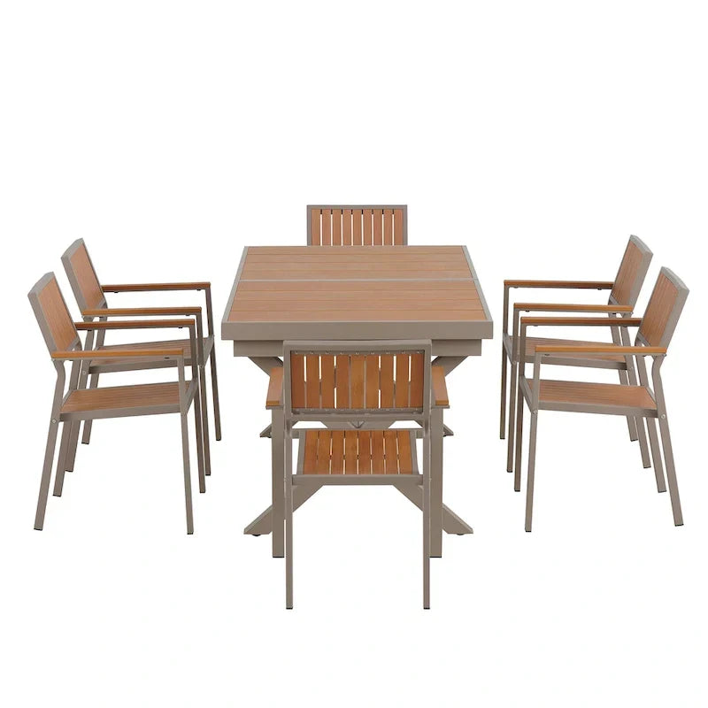 7-delige uitschuifbare eethoek voor buiten met uitschuifbare tafel en 6 stoelen met armleuningen
