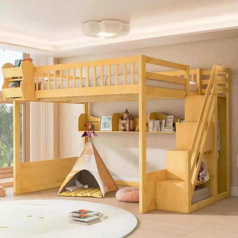 Hoogslaper voor queensize matras met trap, kledingkast en opbergplanken - MDF, 650 lb