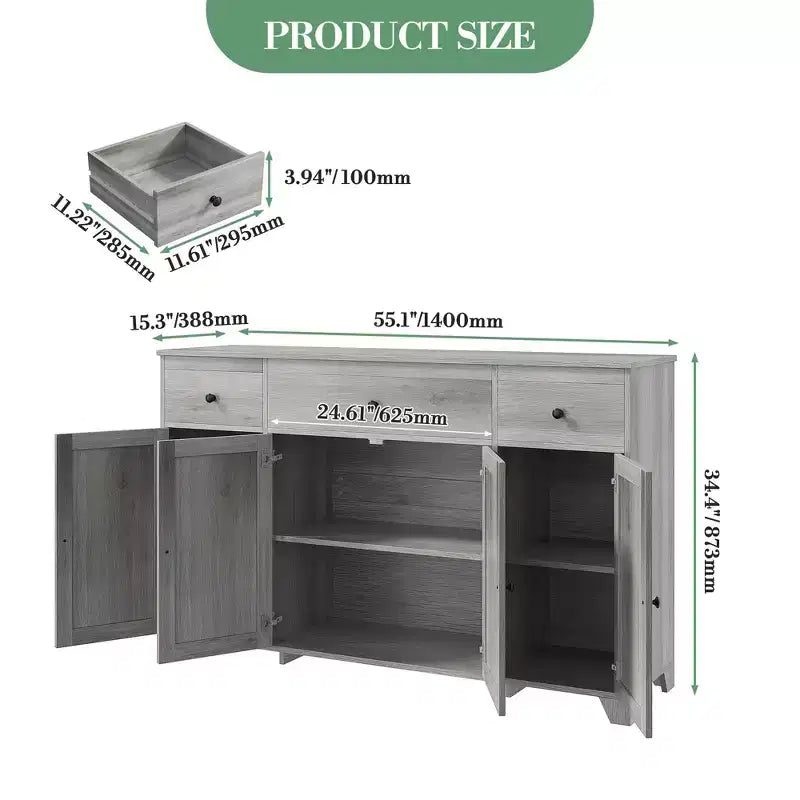 Buffet 55 avec 3 tiroirs et 4 portes, meuble de rangement de cuisine avec étagère réglable, pour la salle à manger ou le salon