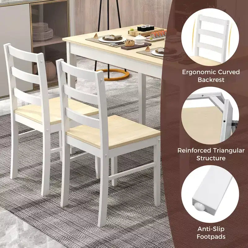 Costway 5-delige eetkamerset van massief hout, keukenmeubels met rechthoekige tafel en 4 stoelen, naturel/koffiekleur/grijs