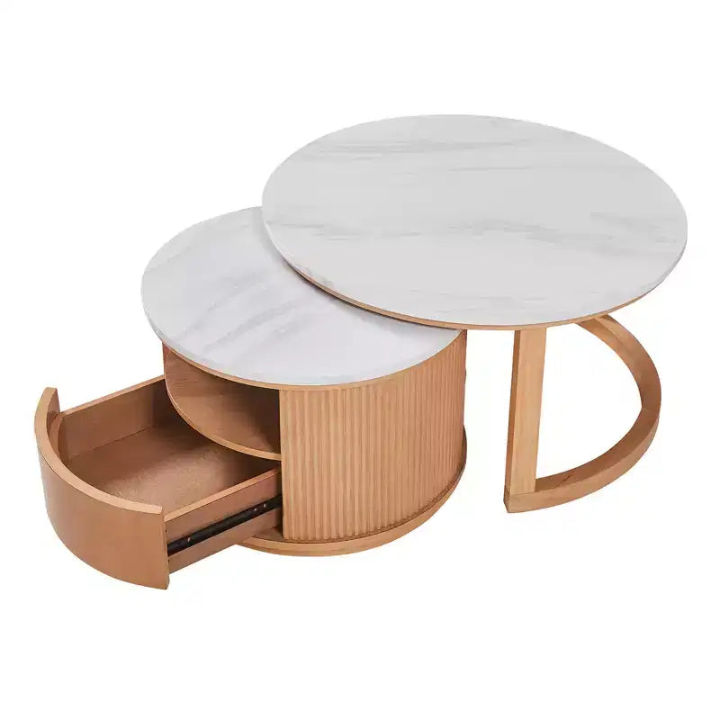 Moderner Satztisch-Couchtisch mit Schublade, runder Wohnzimmertisch mit Stauraum