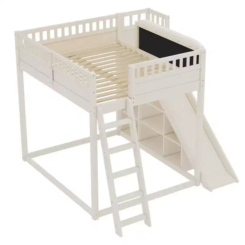 Lit mezzanine Bellemave avec tête de lit rembourrée et étagères de rangement, cadre en bois massif avec échelle et toboggan pour enfants