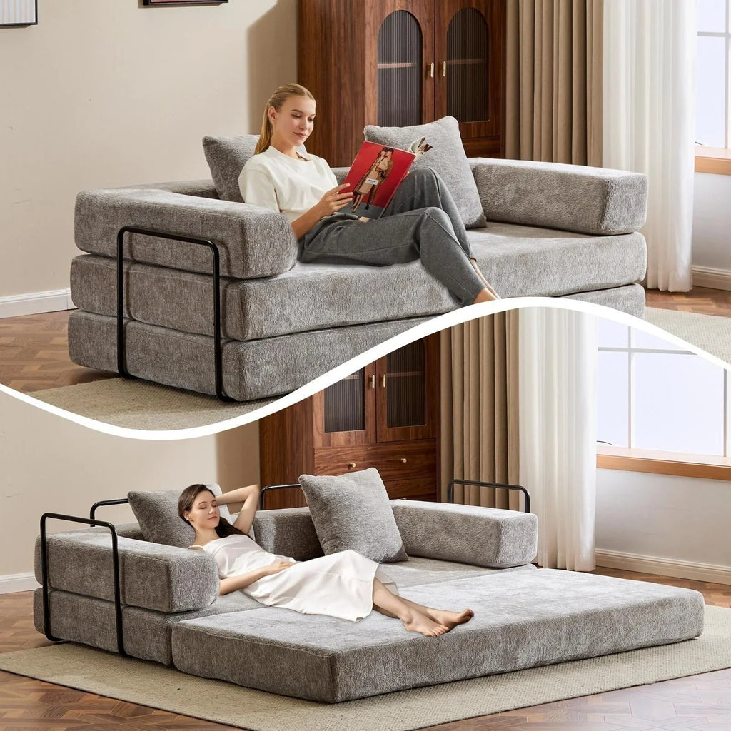 Canapé-lit convertible de sol avec dossier à coussins en tissu chenille, pour salon et chambre