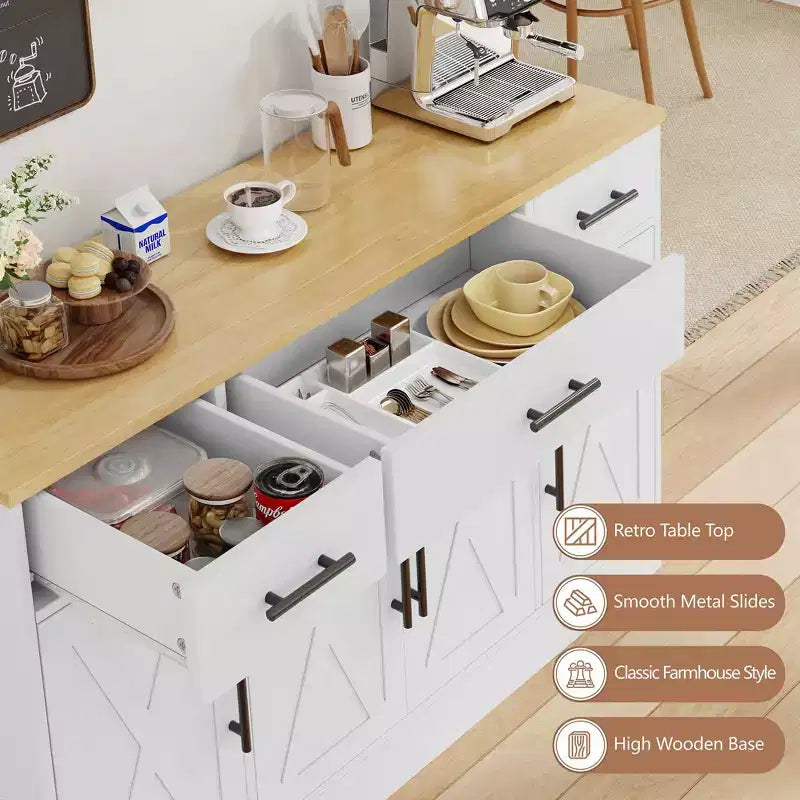 Credenza Celebalcony con contenitore, grande mobile da cucina da 53.4 con 3 cassetti e 4 ante, ripiano regolabile per cucina e soggiorno