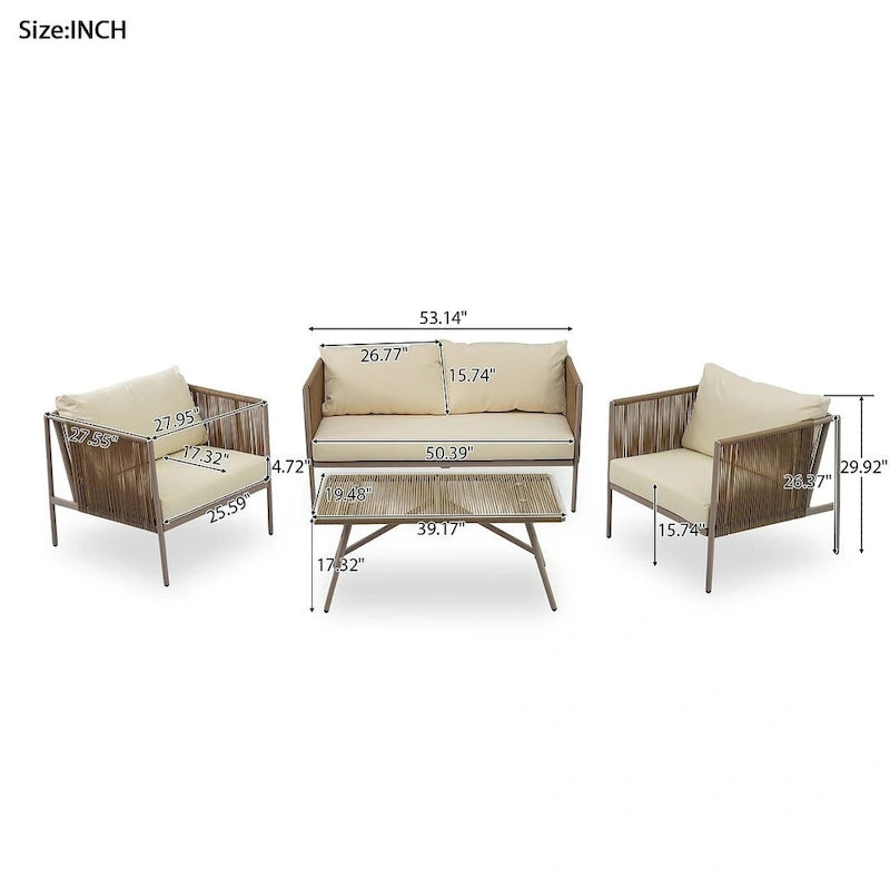 Ensemble de patio extérieur en corde, 4 pièces pour 4 personnes, avec coussins et table en verre