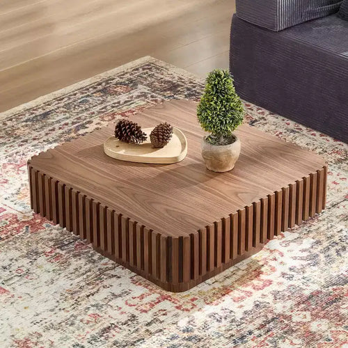 31.5 Moderner handgefertigter Trommel-Couchtisch, quadratisch, mit Sockel aus Walnuss-MDF
