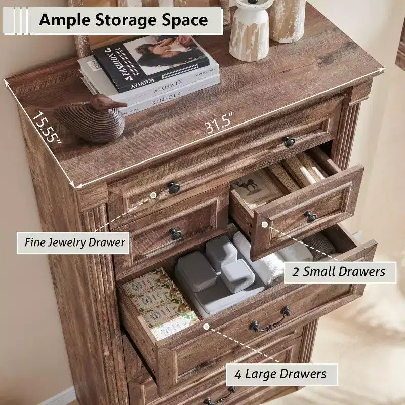 Cassettiera Mastgoal 57 in stile rustico con 7 cassetti, mobile contenitore in legno con colonna romana per camera da letto