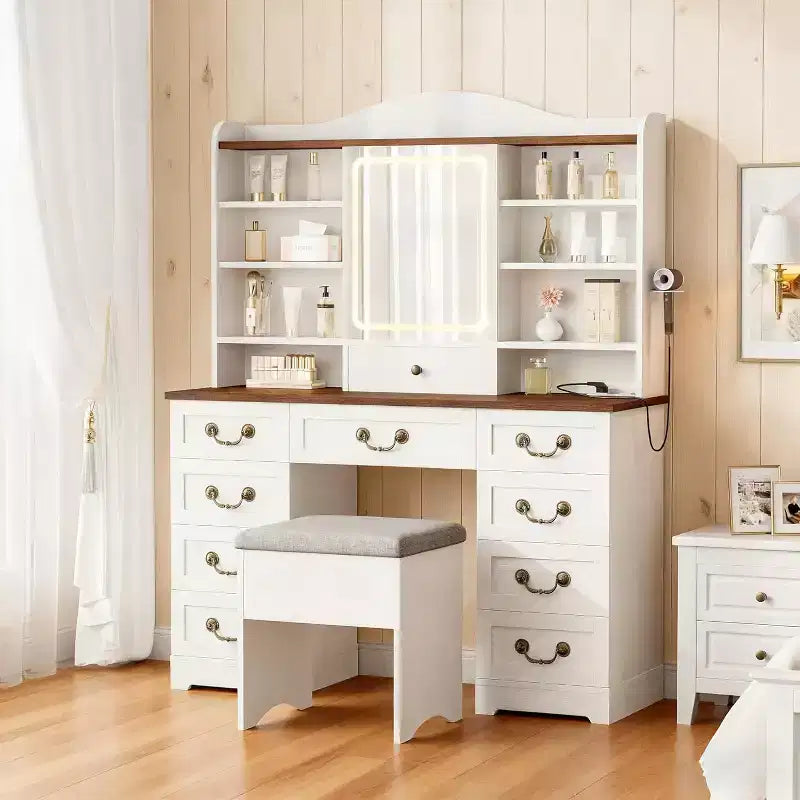 Toeletta con specchio e 10 cassetti, finitura noce, 10 ripiani e sgabello, per camera da letto, facile da montare