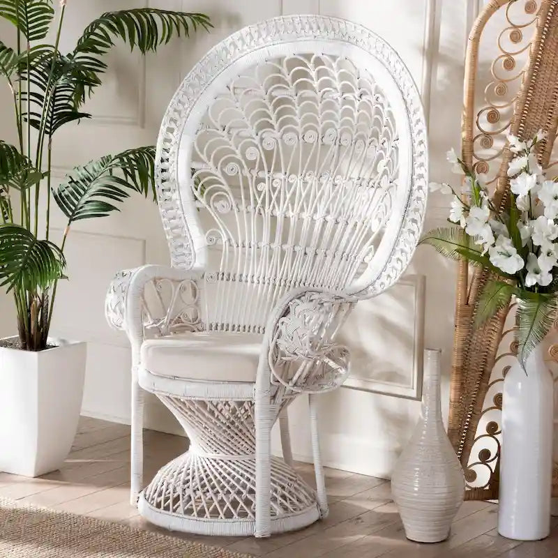 Poltrona pavone Kallima moderna in stile bohémien, bianca e in rattan naturale