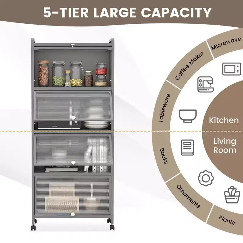 Étagère de cuisine Costway à 5 niveaux avec placard de rangement, support mobile pour micro-ondes et portes relevables, blanc/noir/gris/vert