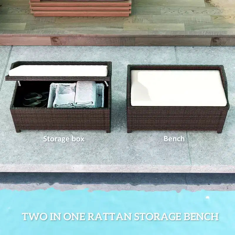 Banc de rangement extérieur en osier avec coussin