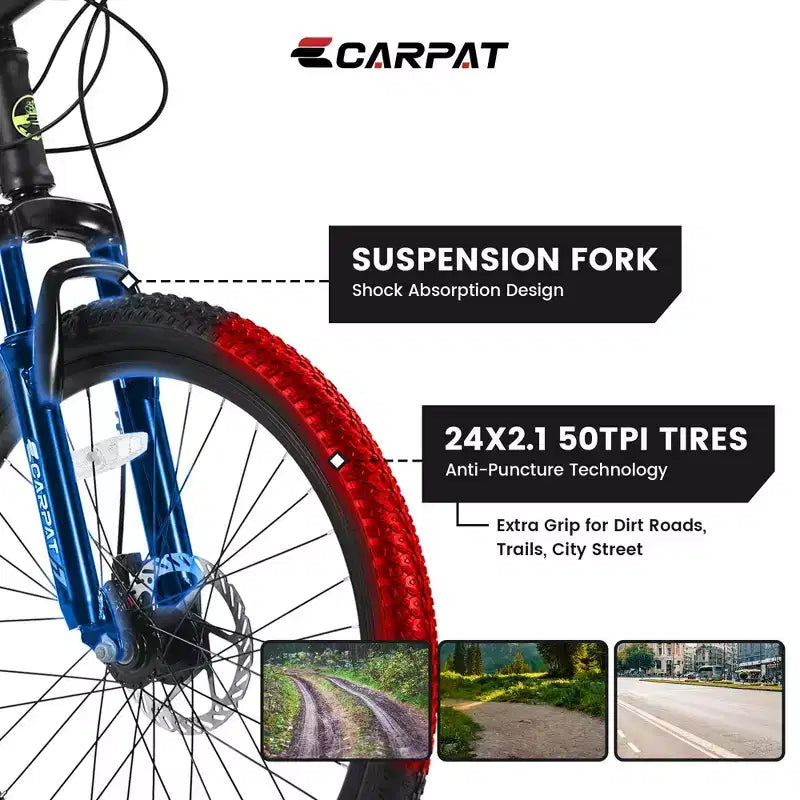 Okak mountainbike van 24 inch met stalen frame, kinderfiets met Shimano 21 versnellingen, dubbele schijfremmen en vering vooraan, fiets voor tieners