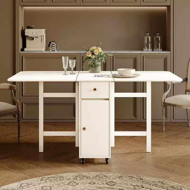 ATJafurn opklapbare eettafel van 59 inch met neerklapbare bladen voor kleine ruimtes, rechthoekige uitschuifbare houten keukentafel met wielen en opbergruimte