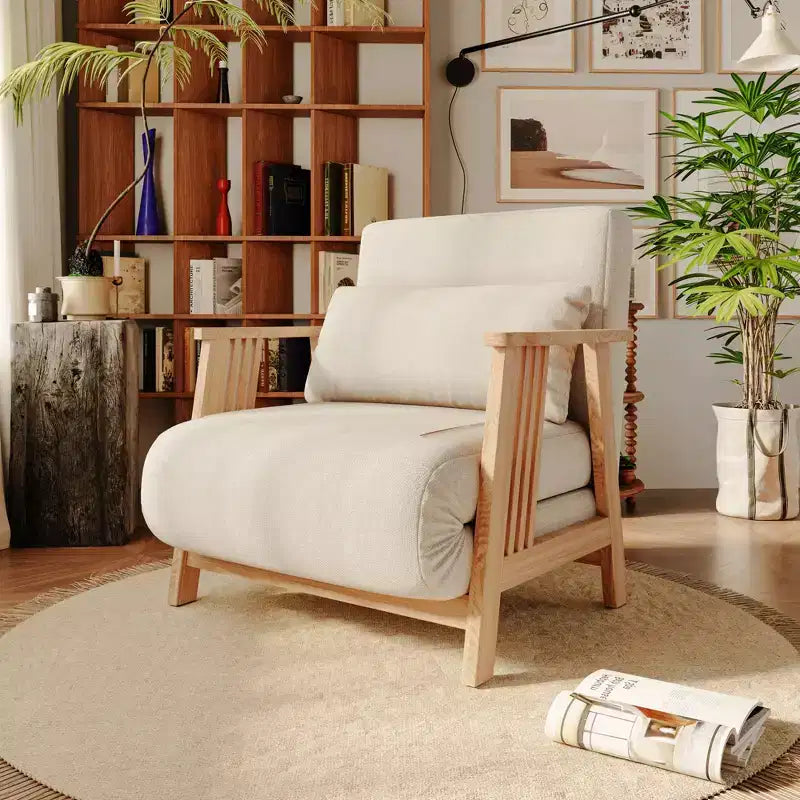 ATJafurn wandelbarer Polstersessel aus Stoff, Akzentsessel-Futonstuhl mit Massivholzrahmen, Schlaf-Chaiselongue für Schlafzimmer und Wohnzimmer, Beige