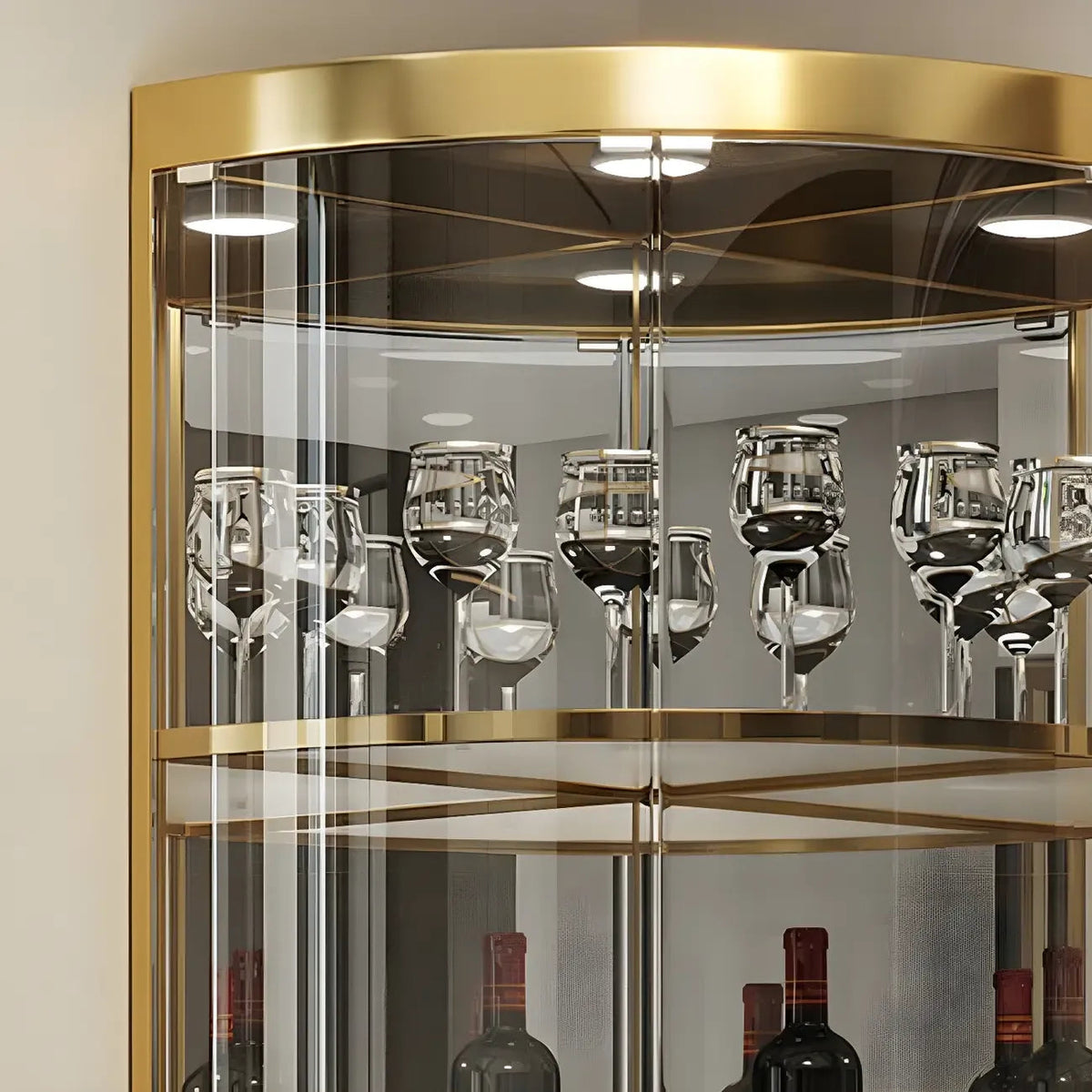 Glamouröser, glänzender Vitrinenschrank aus Glas und goldfarbenem Metall mit abgerundeter Ecke