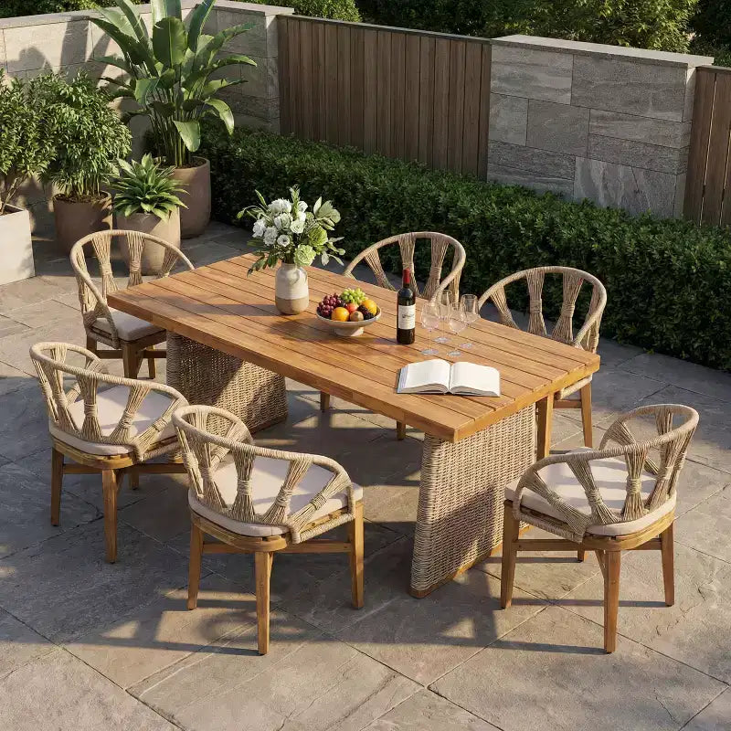 Christopher Knight Home Ferb 7-teiliges Boho-Essgruppe für draußen aus Akazienholz und Korbgeflecht mit Polstern