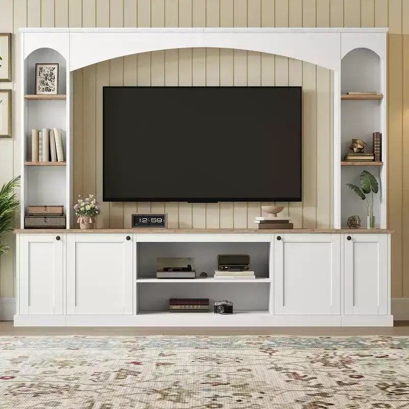 Whisen 91 Medienkonsole, geschwungene Entertainment-Center-Wandeinheit, TV-Schrank im Landhausstil mit Bücherregal in Holzoptik für Fernseher bis zu 70