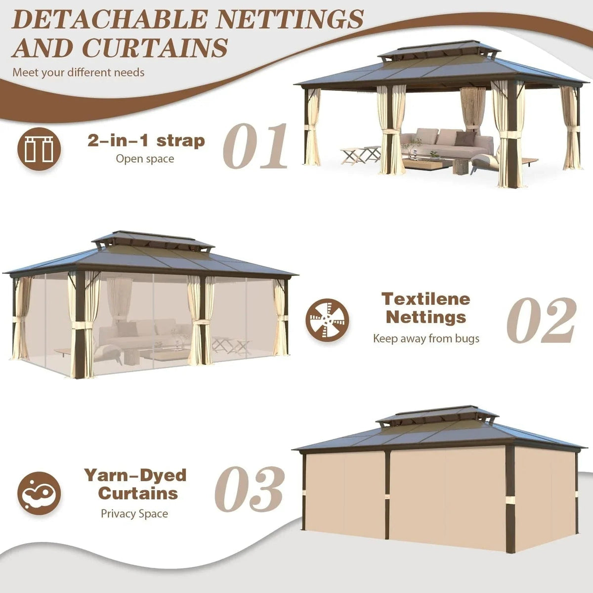 EROMMY hardtop-paviljoen, pergola voor buiten met dubbel dak, netten en gordijnen, extra stevig zonnescherm voor terras, achtertuin en zwembadfeest