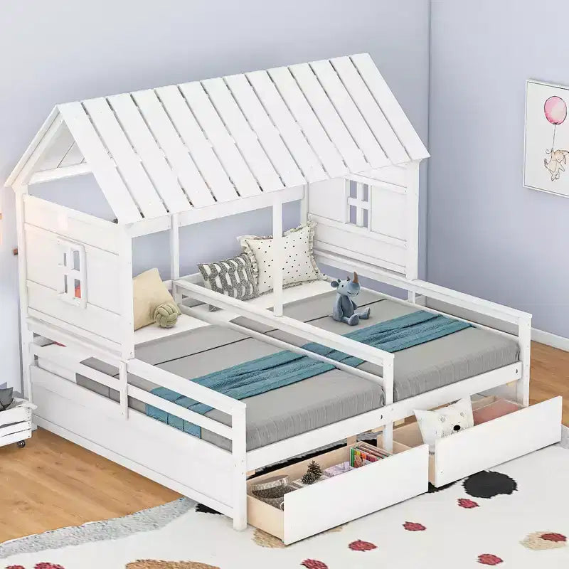 Lits plateformes Whisen House avec deux tiroirs pour chambre partagée de garçon et de fille