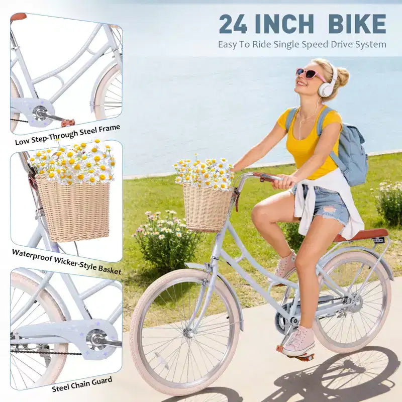 Vélo de plage NAYSAYE pour femme avec panier avant et cadre robuste, idéal pour les trajets urbains confortables en plein air, bleu, 63.98*24.53*38.82