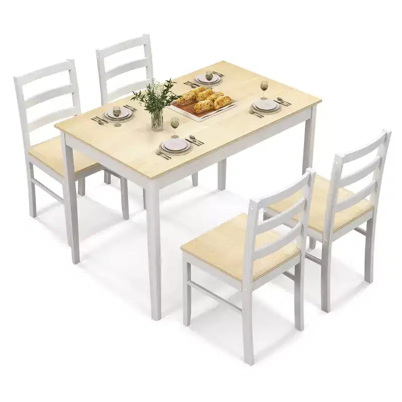 Costway 5-delige eetkamerset van massief hout, keukenmeubels met rechthoekige tafel en 4 stoelen, naturel/koffiekleur/grijs