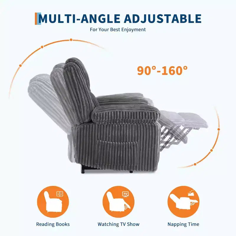Fauteuil inclinable en velours côtelé, canapé inclinable manuel avec poignée, accoudoirs à plateau rembourré, rembourrage épais, poche latérale, salon, chambre, salle de cinéma maison, gris foncé
