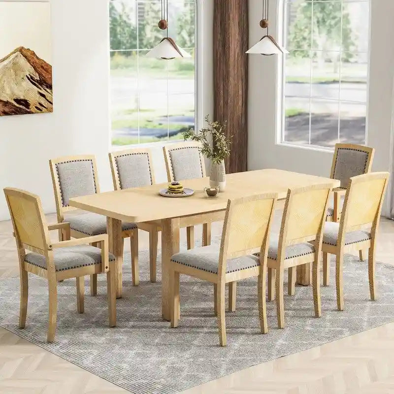 9-teiliges ausziehbares Esszimmer-Set mit 24inch Einlegeplatte, 6 gepolsterten Esszimmerstühlen ohne Armlehnen und 2 gepolsterten Armlehnstühlen