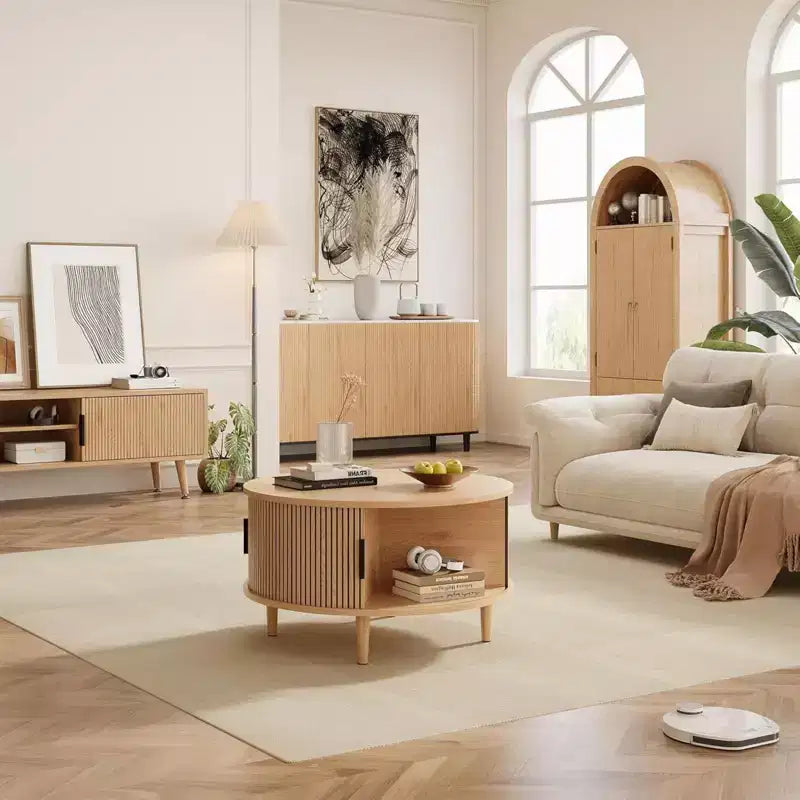 NAYSAYE ronde salontafel met opbergruimte, geribbelde middentafel van 31.5 voor de woonkamer, moderne ronde bijzettafel van walnotenhout voor kleine ruimtes