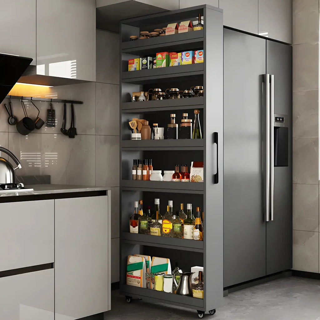 Moderner Buffet-Tisch aus Holz mit offenen Regalen und Rollen