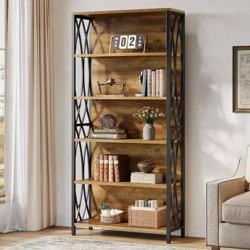 Lantine industriële boekenkast van 70.87, boekenkast met 6 niveaus, geometrisch metalen frame en open opbergplanken voor thuiskantoor en woonkamer, bruin