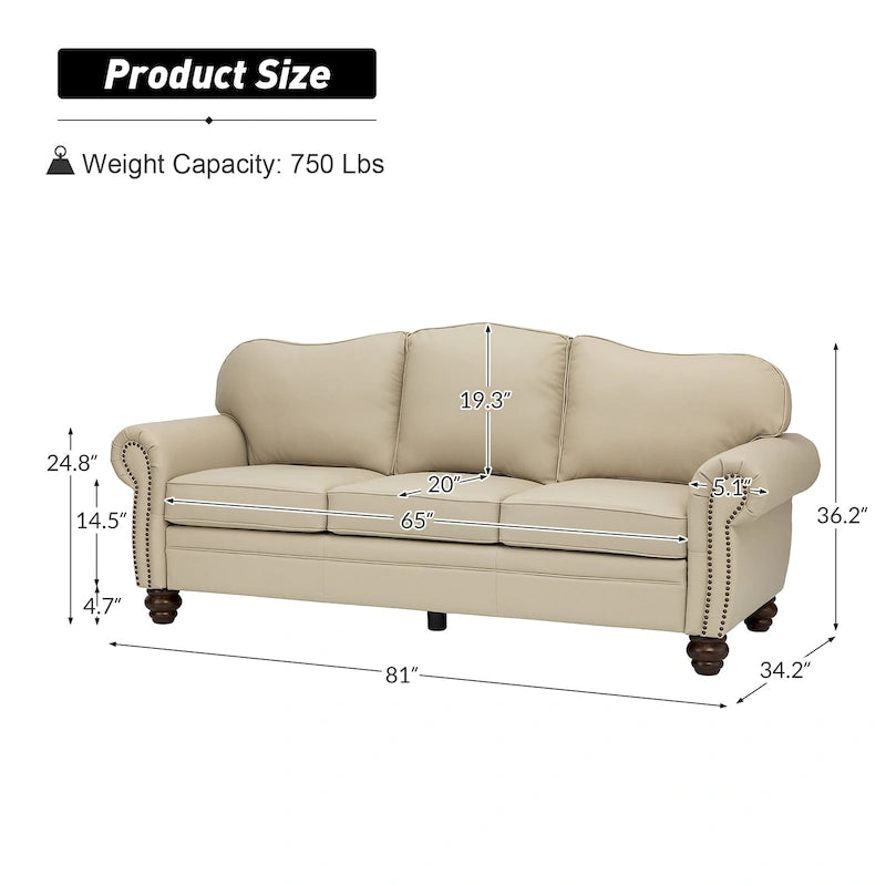 Balvino Sofa mit 81 cm Breite, im Übergangsstil, aus echtem Leder, mit gerollten Armlehnen, Nagelkopfbesatz und abnehmbaren Kissen