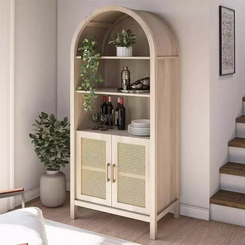 Vitrine bohème à portes cintrées avec 2 portes en faux rotin, 5 étagères réglables pour salon ou cuisine, beige