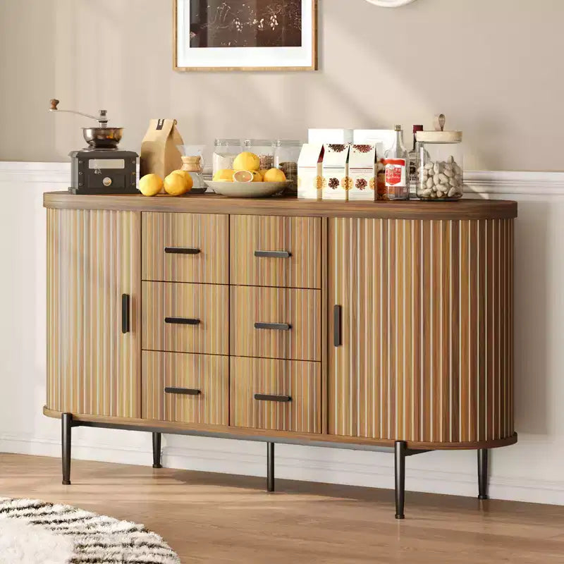 Credenza rustica da fattoria scanalata da 59in, mobile porta TV e consolle multimediale con 6 cassetti e 2 ante scorrevoli, versatile mobile contenitore per soggiorno